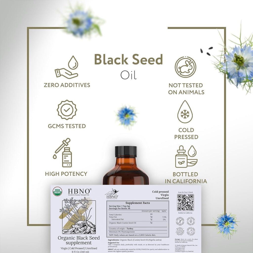 HBNO Organic Black Seed Oil - Huge 4oz (120ml) Glass Bottle Value Size - USDA Certified Organic Black Seed Oil, Cold Pressed for Face, Body, Lips, Shampoo & Conditioner
