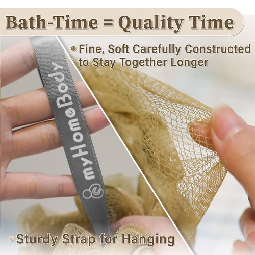 myHomeBody Large 70g Loofah Sponge, Body Scrubber, Bath Sponge, Loofah for Women, Men, Exfoliating Sponge Shower Pouf with Activated Charcoal - 2 Oat Milk + 1 Caramel, 3 Pack