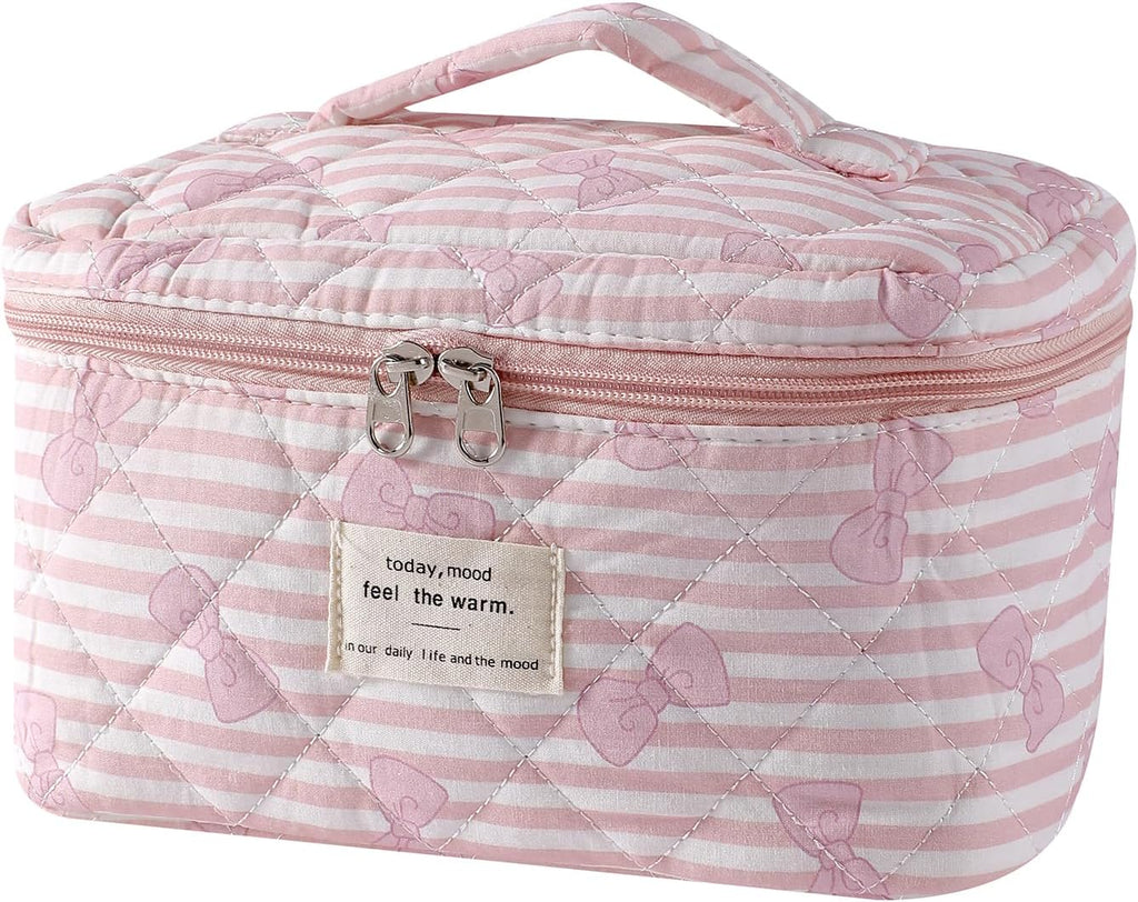 uekeboag Large Travel Quilted Makeup Bag for Women, Floral Cotton Cosmetic Bag, Coquette Aesthetic Floral Toiletry Organizer Bag