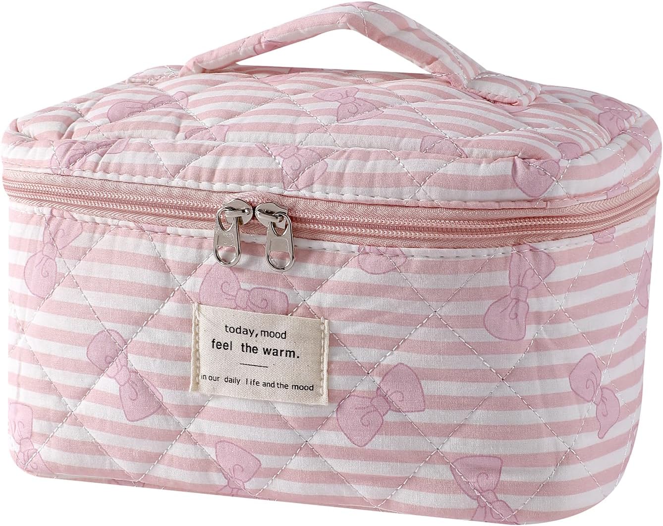 uekeboag Large Travel Quilted Makeup Bag for Women, Floral Cotton Cosmetic Bag, Coquette Aesthetic Floral Toiletry Organizer Bag