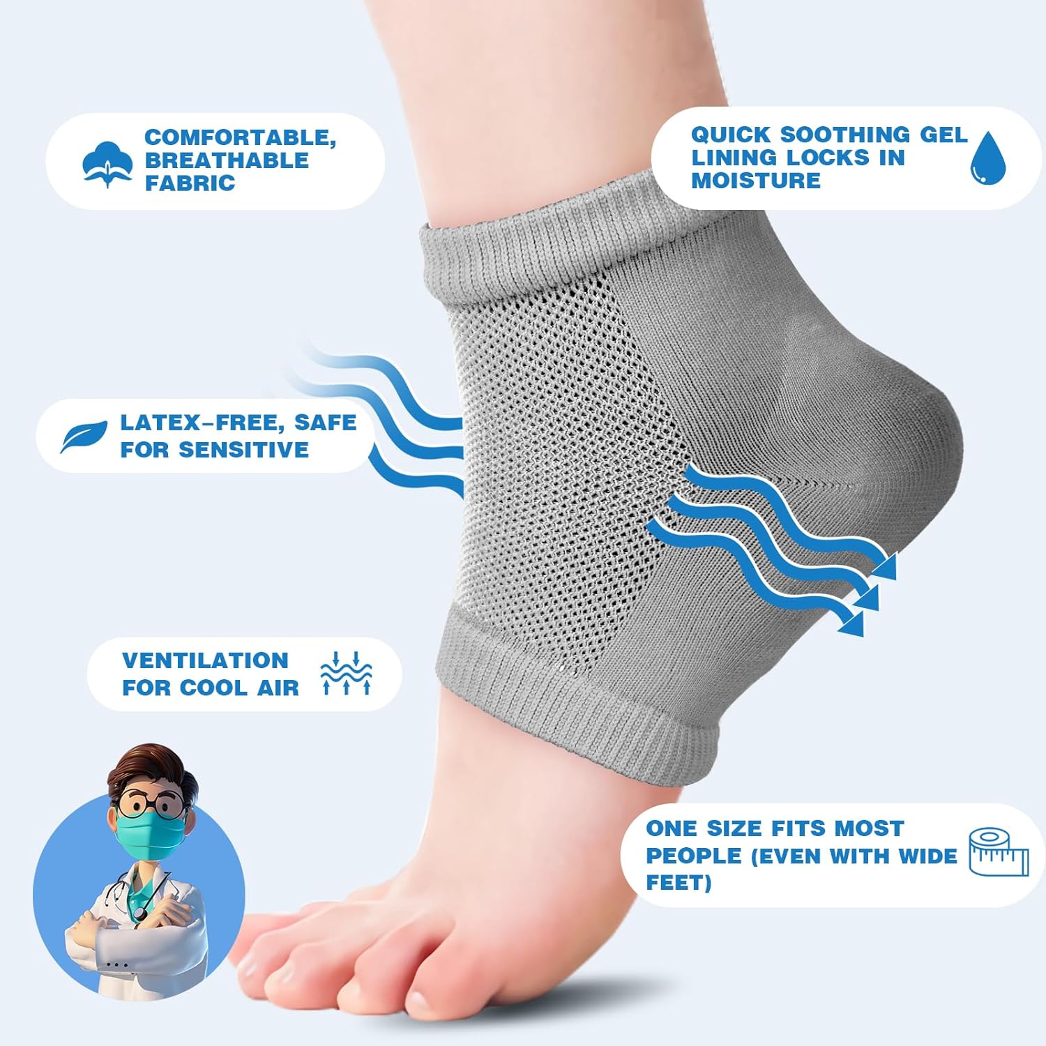 Moisturizing Heel Socks - 6 Pairs for Dry Cracked Feet, Toeless Gel Socks for Hydration and Repair