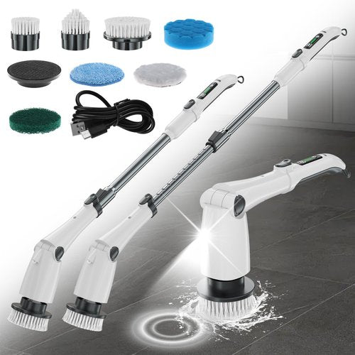 Electric Spin Scrubber Cleaning Brush, Full-Body IPX7 Waterproof Cordless Cleaning Brush with Adjustable Extension Handle, 3-Speed Shower Scrubber with 7 Replaceable Brush for Bathroom, Kitchen, Floor