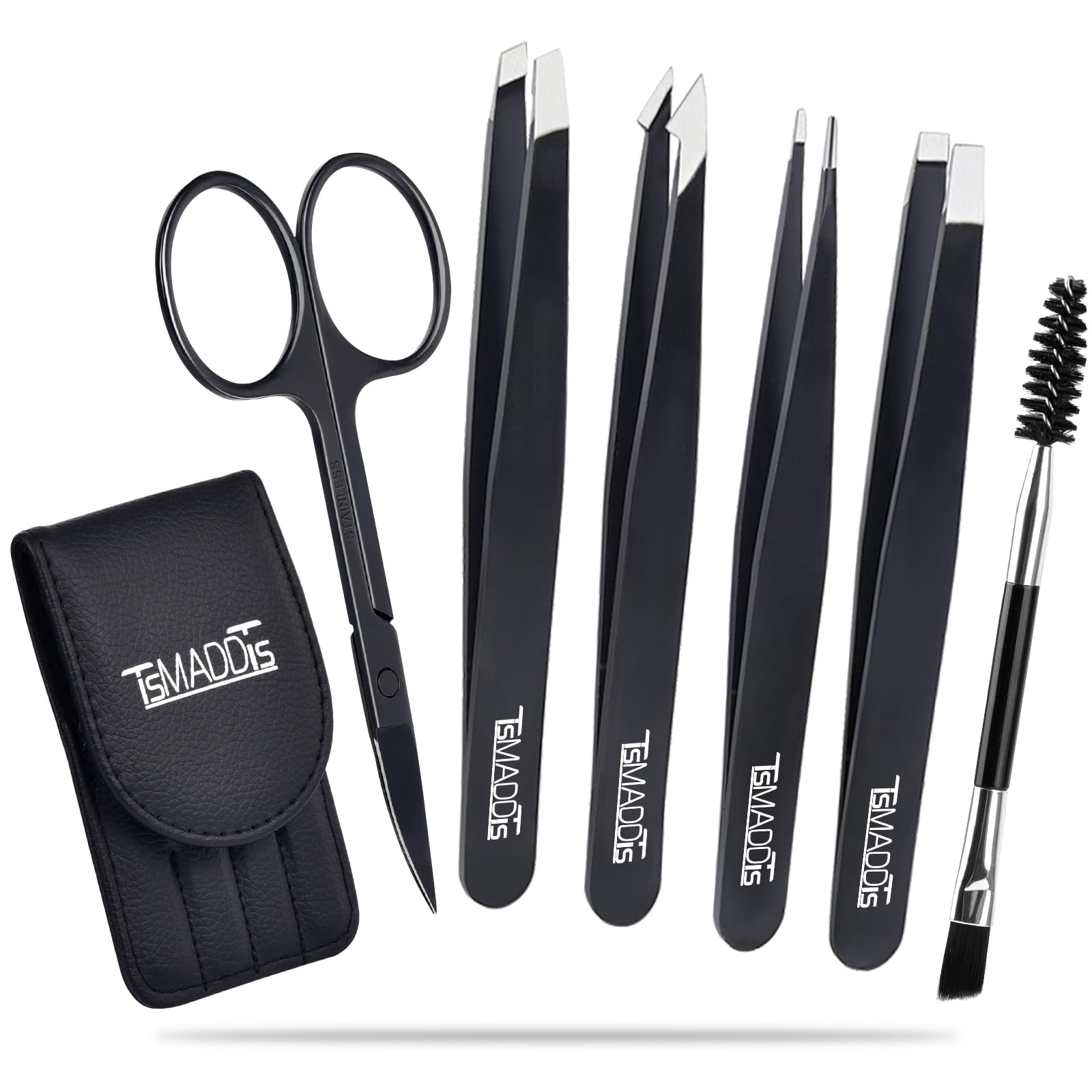 TsMADDTs Tweezers Set and Curved Scissors, Professional Stainless Steel Tweezers for Women and Men, 6 Pack Precision Tweezers For Eyebrows for Ingrown Hair, Daily Beauty Tool with Leather Travel Case