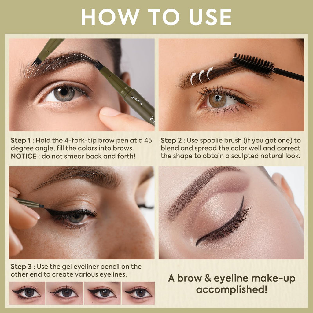 UCANBE Eyebrow Pen, Dual-Ended Eyebrow Pencil with 4-Fork-Tip & Gel Eyeliner for Women, Eye Brow Pen with Gel Eyeliner Pencil, Microblading Eyebrow Pencils with Hair Like Strokes, Soft Black