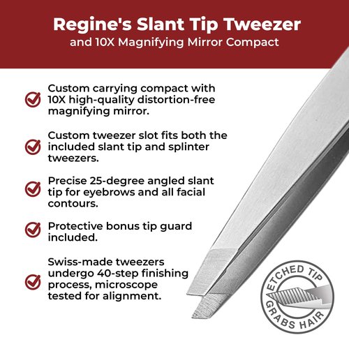 Regine Switzerland Slant Tweezers & Compact Case with 10X Magnifying Mirror Set - Precision Stainless Steel Tweezers for Ingrown Hair, Facial & Grooming - Travel Set with Hard Case for Men Women - 2Pc