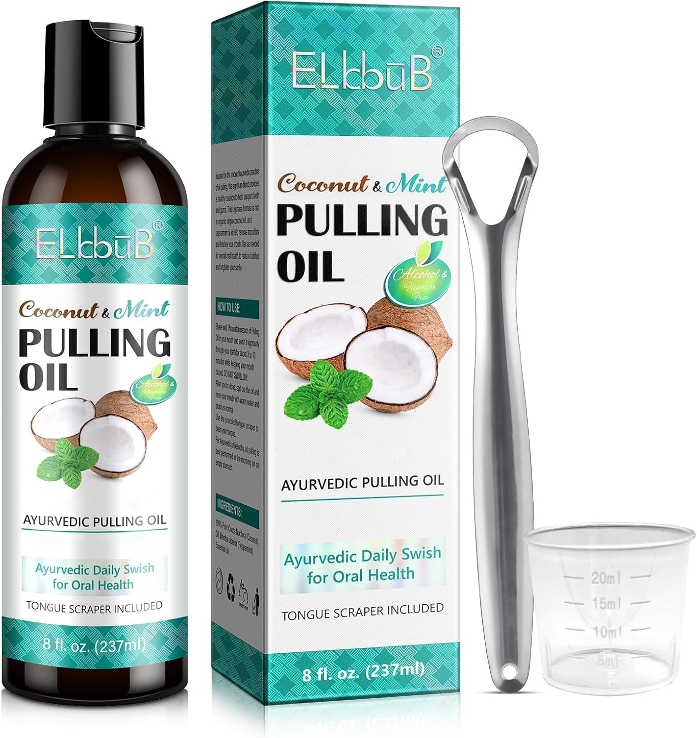 Ayurvedic Coconut Oil Pulling Mouthwash with Mint & Tongue Scraper - 8 Fl. Oz for Fresh Breath & Healthy Gums