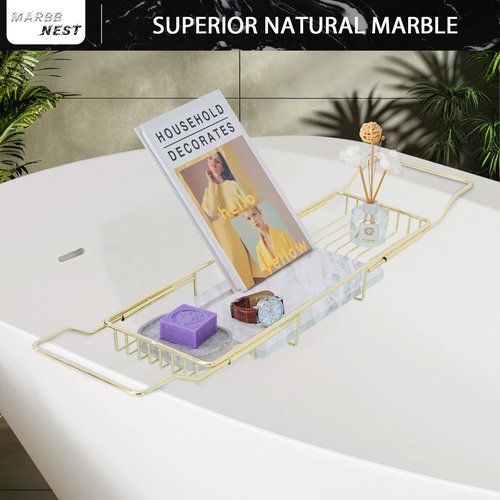 MARBBNEST Bathtub Tray Caddy for Luxury Bath Expandable Extra Wide Bath Tub Tray with Natural Marble Tray and Mobile/Tablet Stand, Ideal for Home Spa Lovers(Gold + Jazz White)