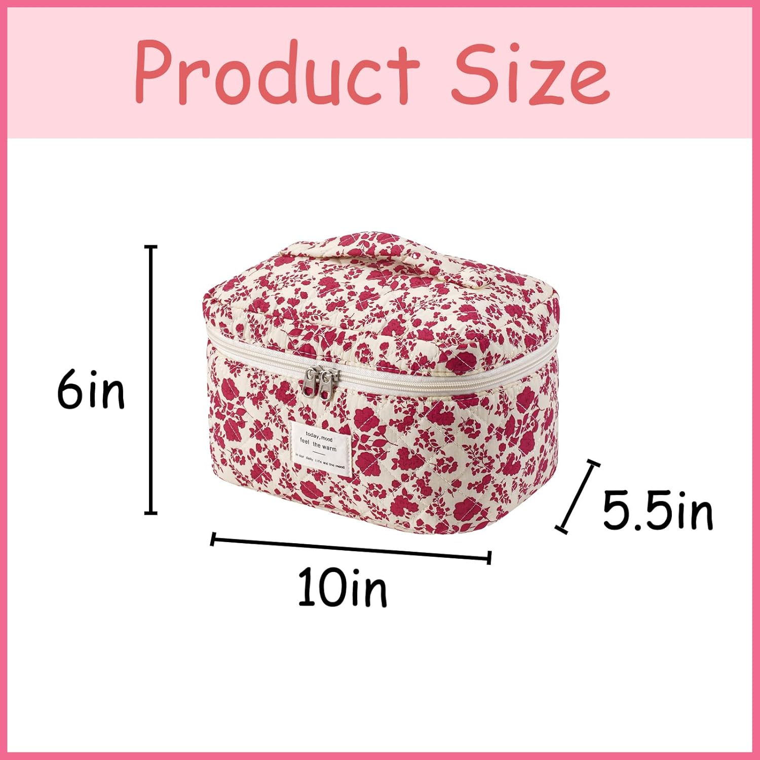 uekeboag Large Travel Quilted Makeup Bag for Women, Floral Cotton Cosmetic Bag, Coquette Aesthetic Floral Toiletry Organizer Bag