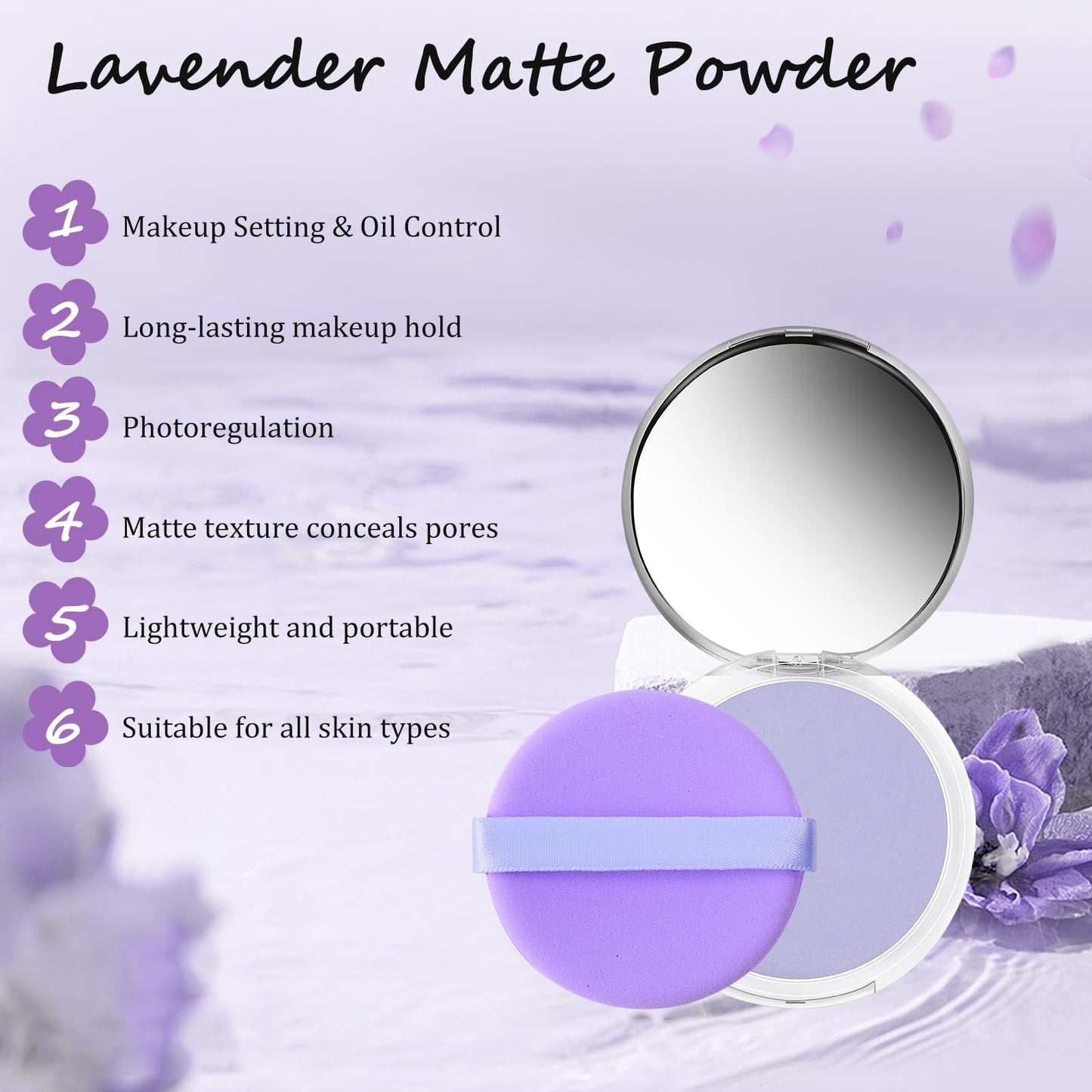 Chillab Lavender Matte Powder, Chillab Lavender Matte Powder Oil Control, Chillab Polvo Compacto with Mini Powder Puff, for Silky Blurring Oil Control Long-Lasting Makeup