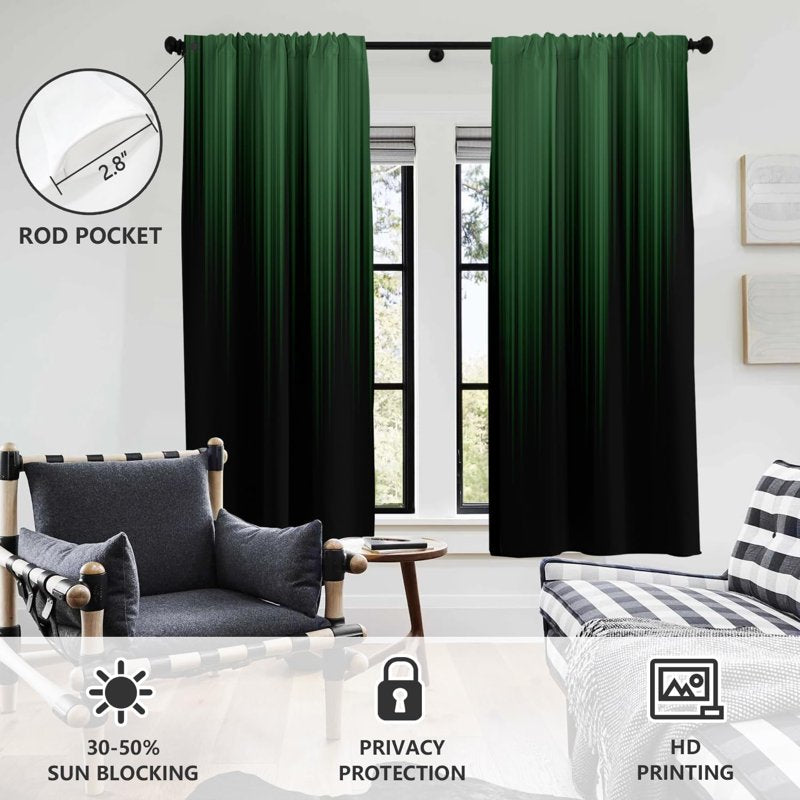 Modern Ombre Green and Black Window Curtain Set - 2 Panels, 42x63 Inches