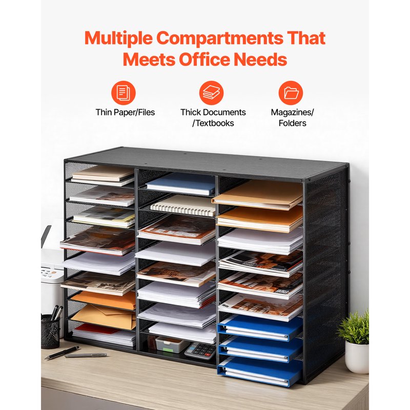 27-Compartment Metal Literature Organizer with Removable Wire Mesh and Wooden Top for Office and Home