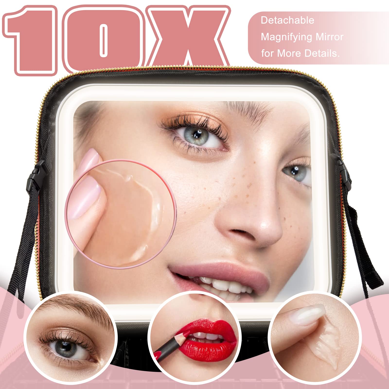 YUSONG Travel Makeup Bag with Mirror of LED Lighted, Makeup Train Case with Adjustable Dividers, Makeup Case with Mirror and Detachable 10x Magnifying Mirror