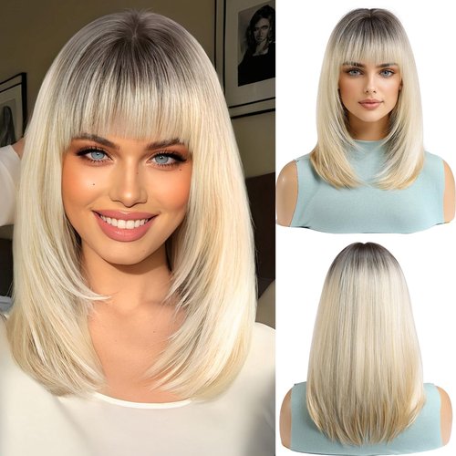 OUFEI Ombre Blonde Bob Wig With Bangs Short Straight Wig For Women Synthetic Hair Wigs for Daily Party Cosplay Wear