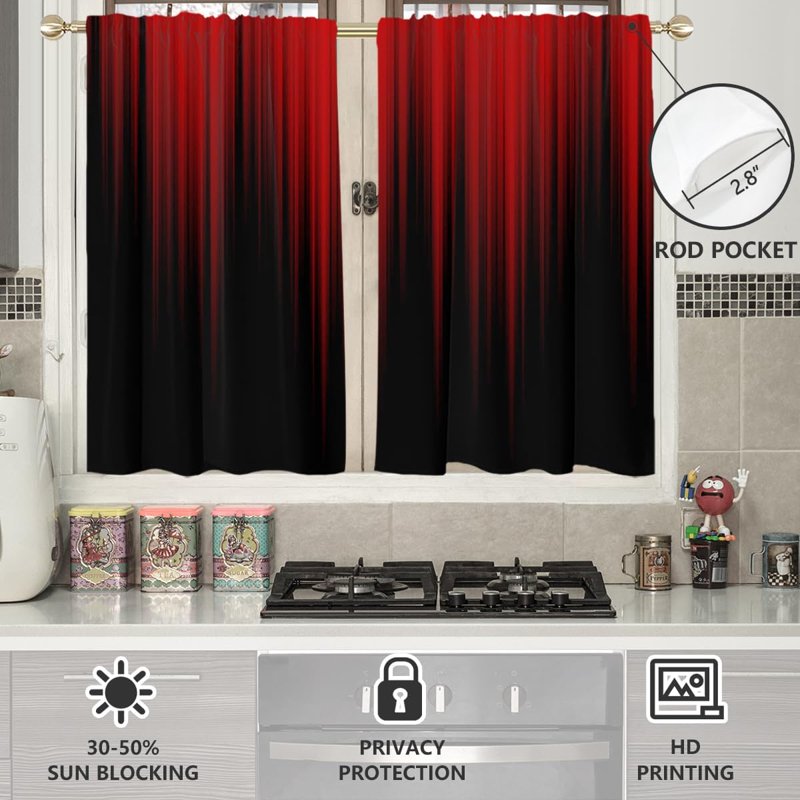 Red and Black Ombre Short Kitchen Curtains - Gothic Anime Tier Drapes, 2 Panels, 27.5 x 39 Inches, Small Window Decor
