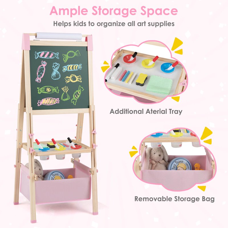 Kids 3-in-1 Wooden Art Easel with Magnetic Whiteboard & Chalkboard Pink