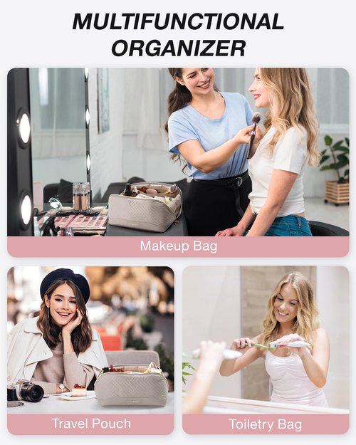 BAGSMART Makeup Bag Cosmetic Bag, Travel Makeup Bag,Water-resistent Makeup Bags for Women Portable Pouch Open Flat Make Up Organizer Case for Toiletries, Brushes, Tranquil Gray