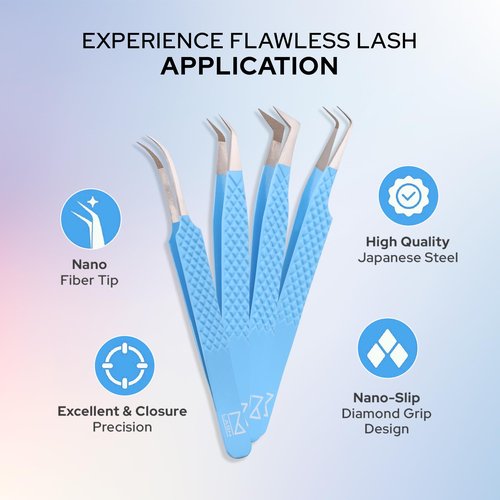 M LASH Tweezers for Eyelash Extensions (Set of 4) - Professional Lash Extension Tweezers - Fiber Tip, Japanese Steel, Diamond Grip Eyelash Extension Tweezer (Pink)