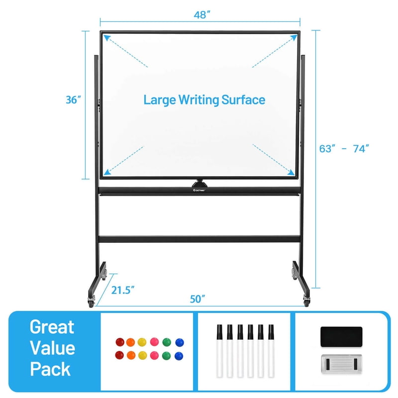 48x36 Inch Mobile Magnetic Reversible Whiteboard Adjustable Height
