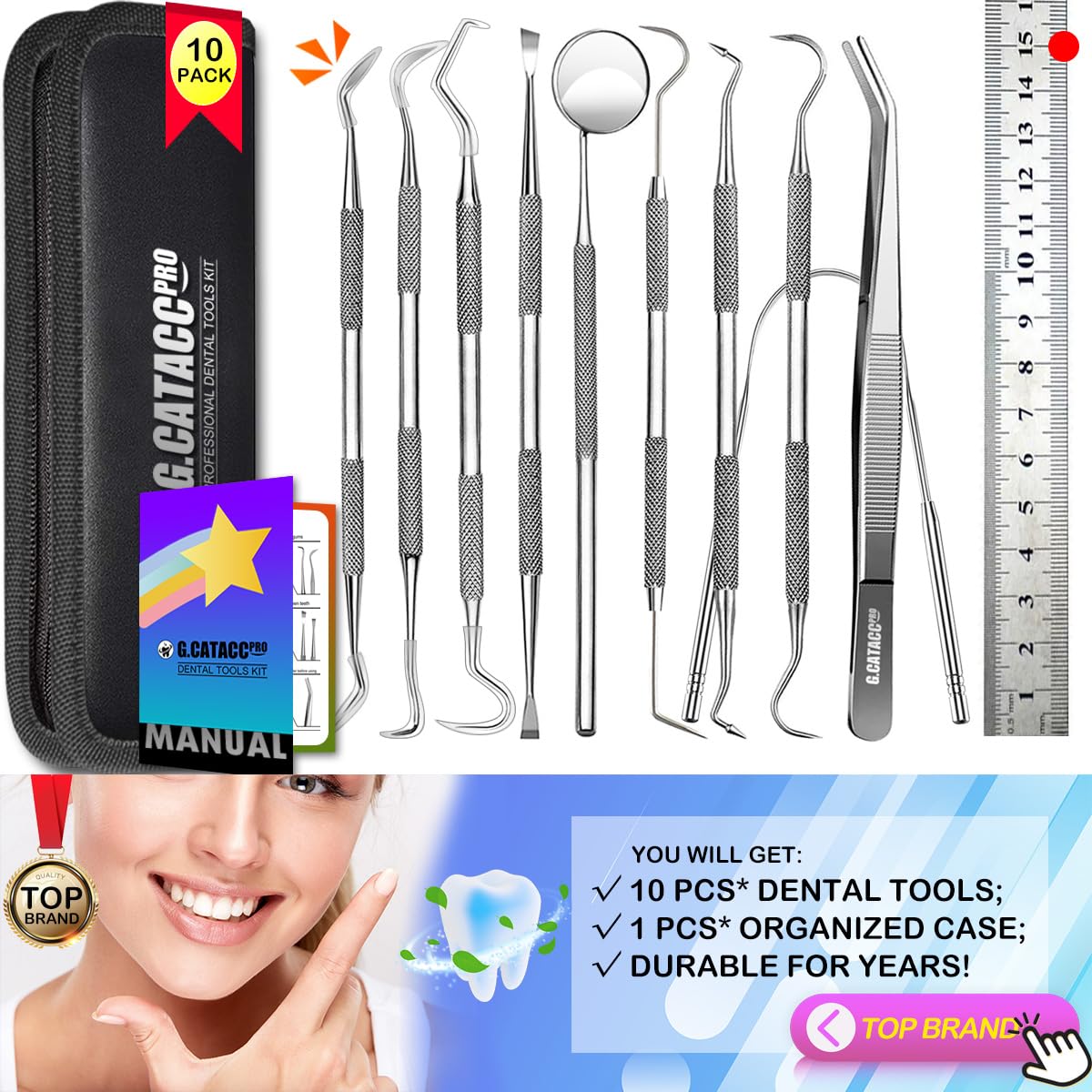 G.CATACC Dental Tools, 10 Pack Professional Plaque Remover for Teeth Cleaning Tools Set, Stainless Steel Dental Hygiene Kit with Dental Picks, Tartar Scraper, Tooth Scraper, Tongue Scraper- with Case