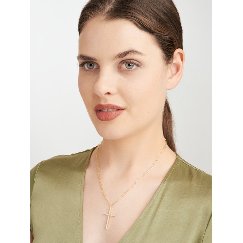 Gold & Silver Paperclip Necklace with Cubic Zirconia Cross - Gift for Her, 18" + 3" Extension