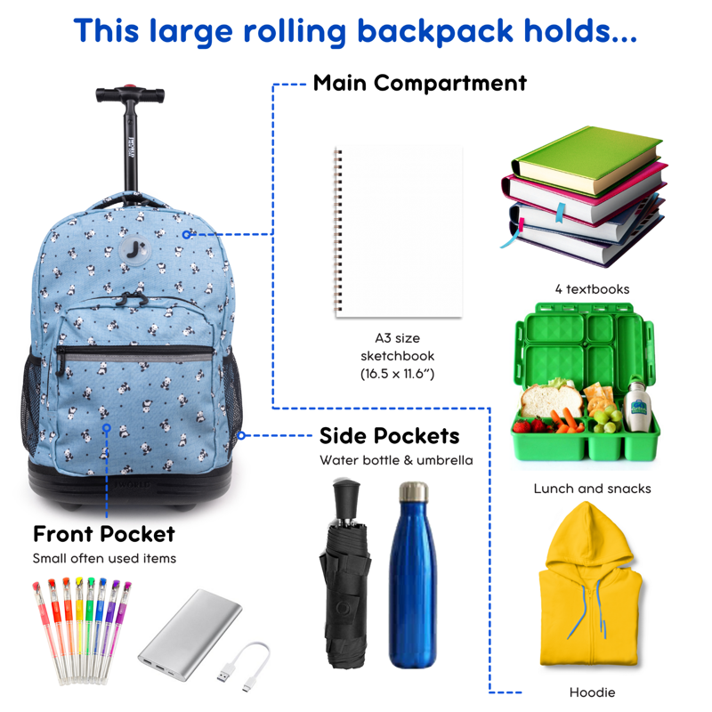 Kids & Adults 18-Inch Rolling Backpack with Multiple Compartments and Water Bottle Pockets