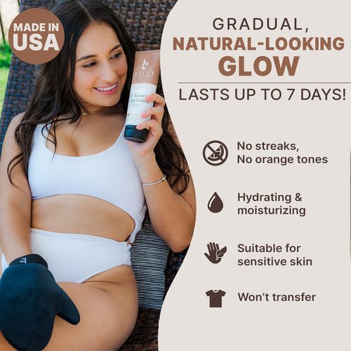 Self Tanner Kit - USA Made with Organic & Natural Ingredients, Tanning Lotion with Glove & Exfoliating Mitt, Non Toxic Gradual Tan Lotion, Sunless Tanner for Fake Tan, Streak Free & No Orange Tones