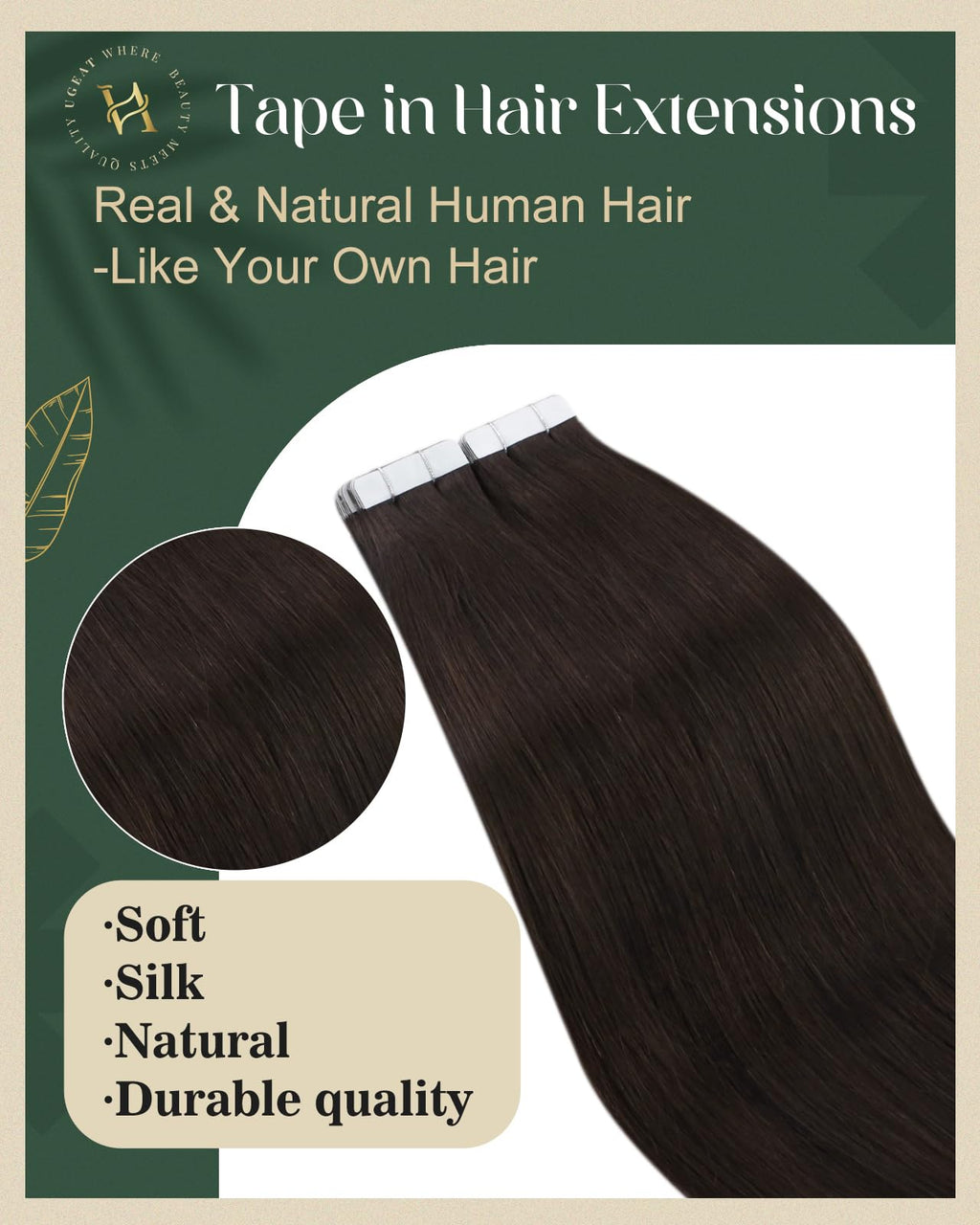 Ugeat Human Hair Tape in Extensions Brown Hair Extensions Real Human Hair Dark Brown Tape in Straight Remy Hair Extensions Invisible Double Sided Tape in Hair Extensions for Women 18Inch 20pcs 50G
