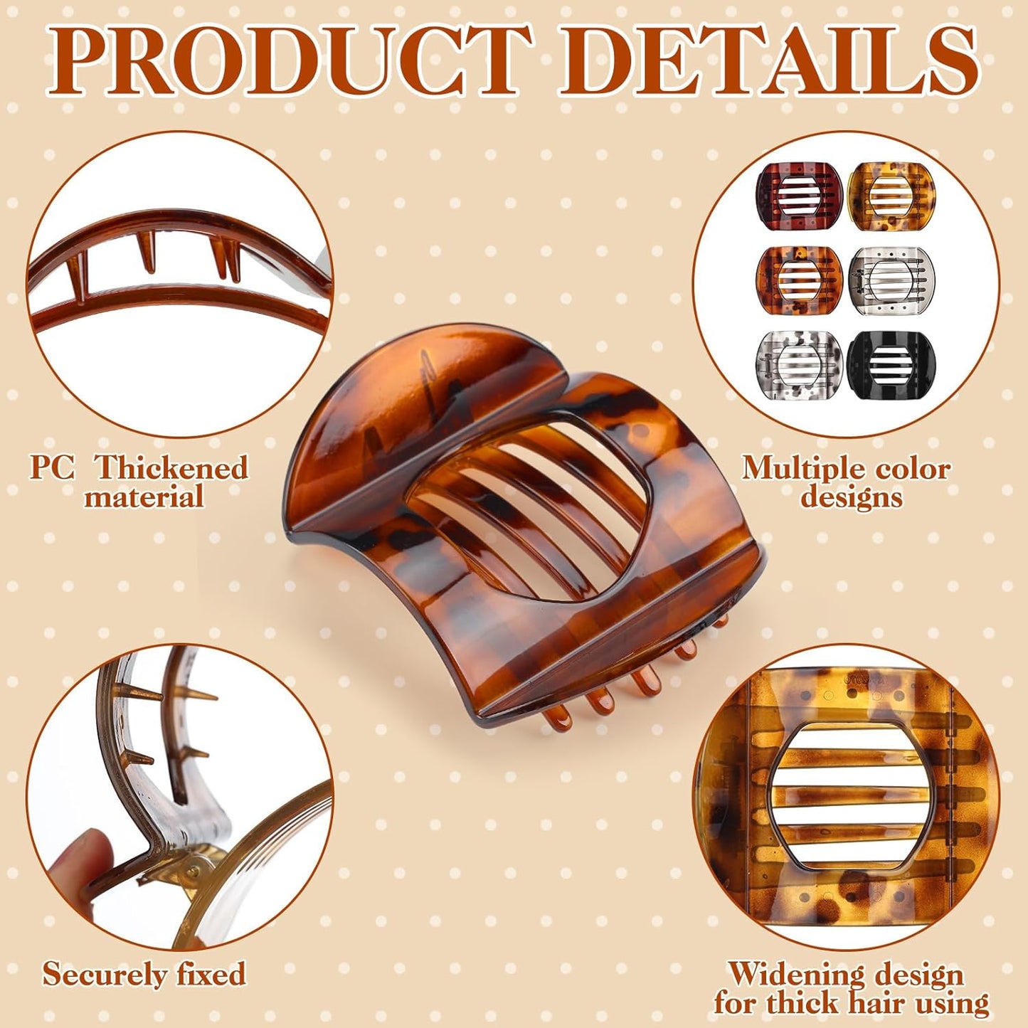 Large Tortoiseshell French Claw Clips - 6 Pack Strong Hold Hair Accessories for Women & Girls