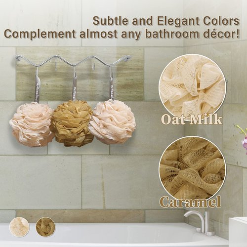 myHomeBody Large 70g Loofah Sponge, Body Scrubber, Bath Sponge, Loofah for Women, Men, Exfoliating Sponge Shower Pouf with Activated Charcoal - 2 Oat Milk + 1 Caramel, 3 Pack
