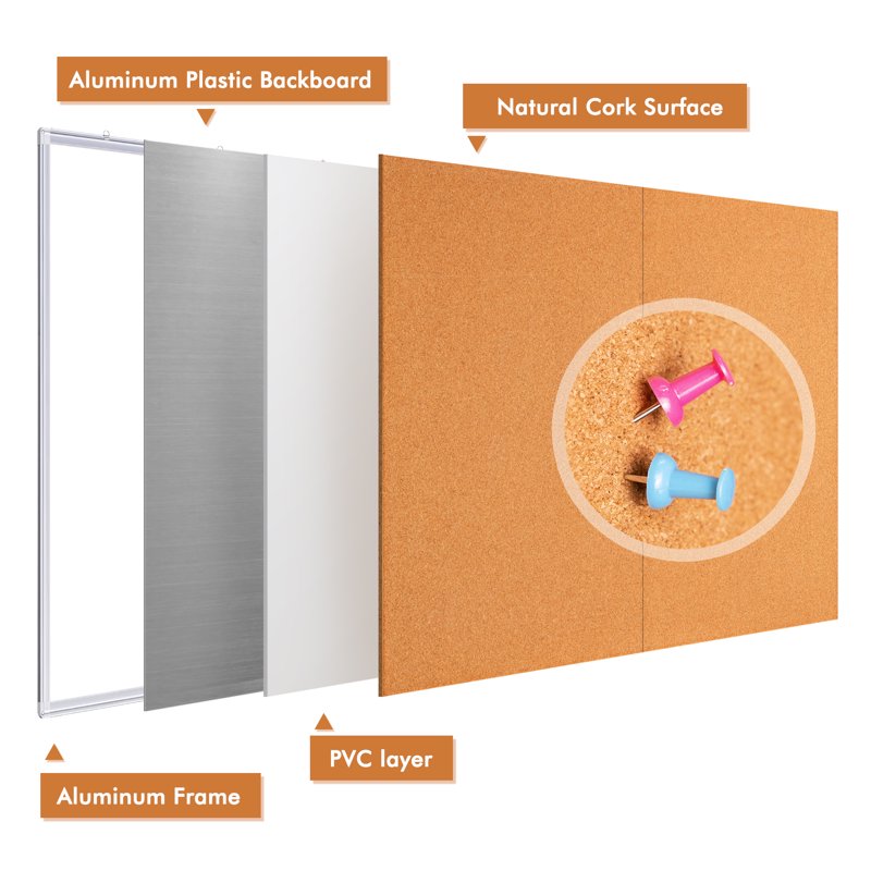 Large Cork Bulletin Board 48x36 Inches Wall Mount with Aluminum Frame