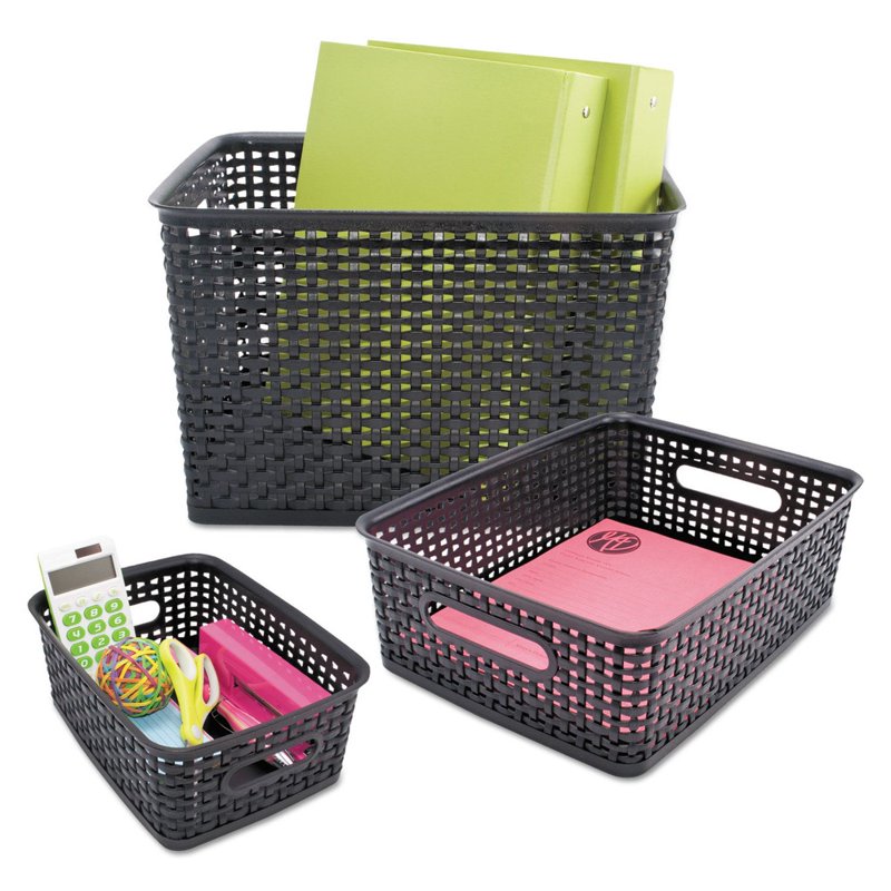Plastic Weave Storage Bins - 13.5 x 10.5 x 8.8 Inches, Black, 2 Pack