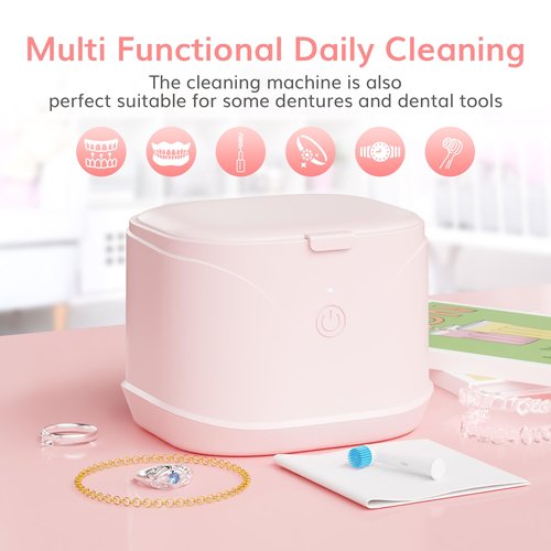 Sonic Denture Cleaner, 46kHz Professional Retainer Cleaner ROLWAY Jewelry Cleaner Machine, 220ml Sonic Cleaner Machine for Jewelry, Braces, Mouth Guard, Watch (Pink)