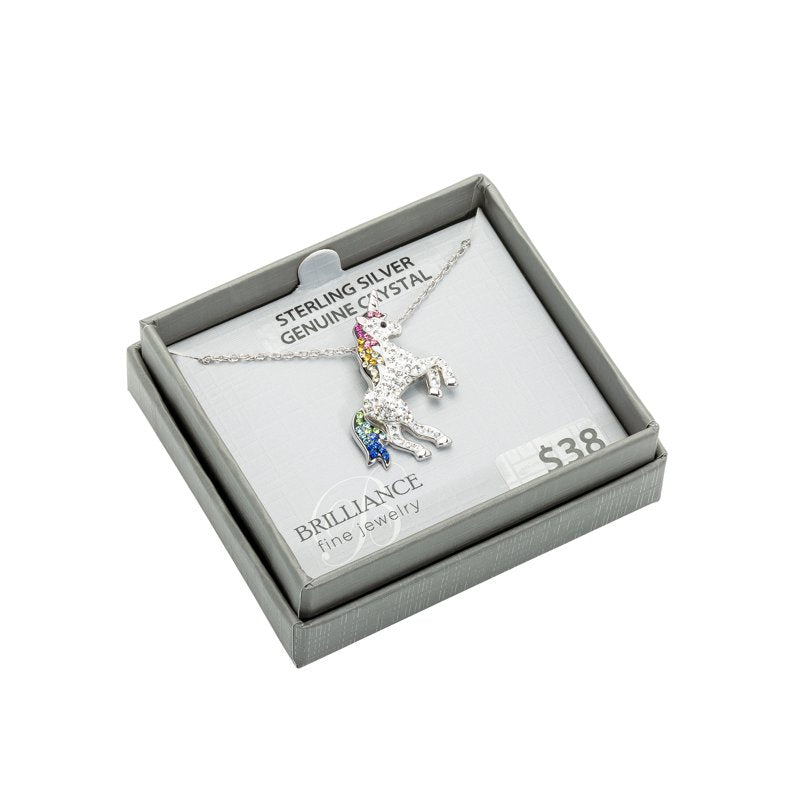 Sterling Silver Unicorn Necklace with Multi-Color Crystals - 18 Inch Chain