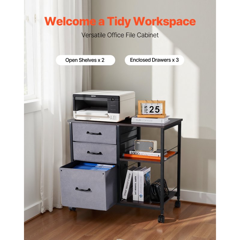 Metal File Cabinet with 3 Fabric Drawers & Open Shelves - Mobile Office Storage
