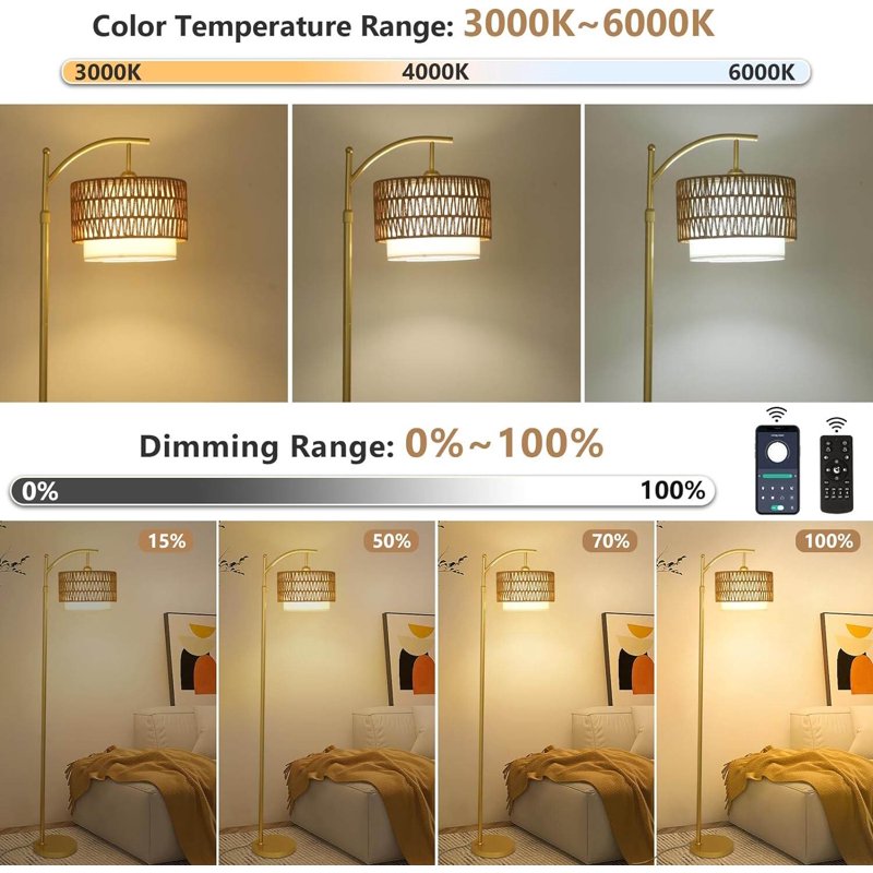 Modern Arc Floor Lamp with Remote, Dimmable LED & Dual Shades