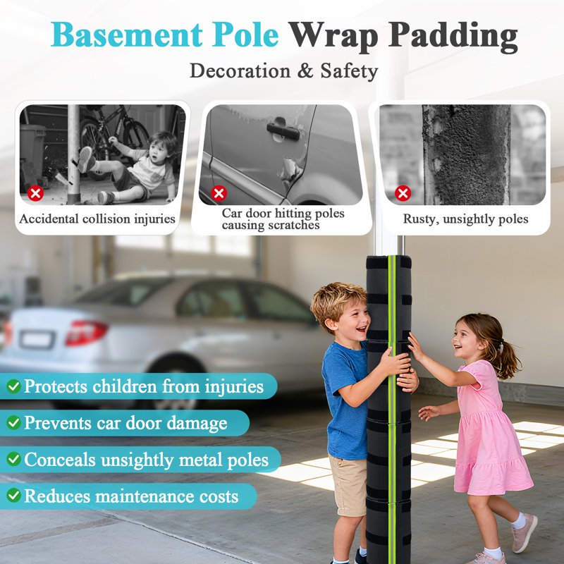 Garage & Basement Pole Wrap Padding for Metal Columns - 4 Pack Safety Protectors