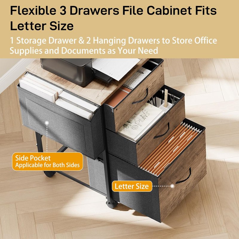 Rolling File Cabinet with 3 Fabric Drawers & Side Bag - Home Office Storage Stand
