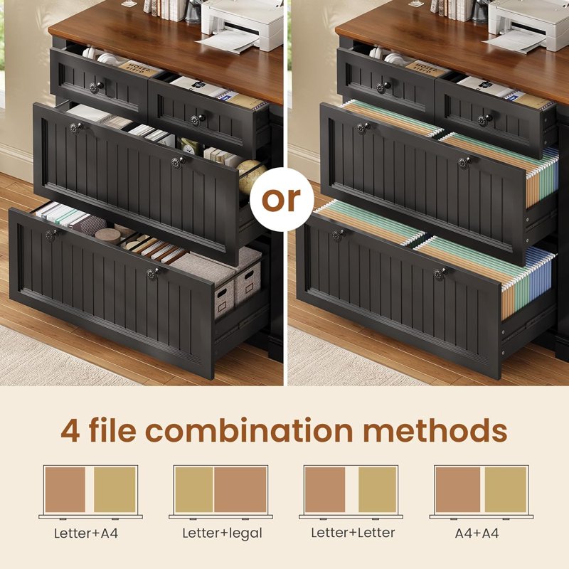 Farmhouse 4-Drawer File Cabinet with Power Outlets, Black and Brown Wood Office Storage
