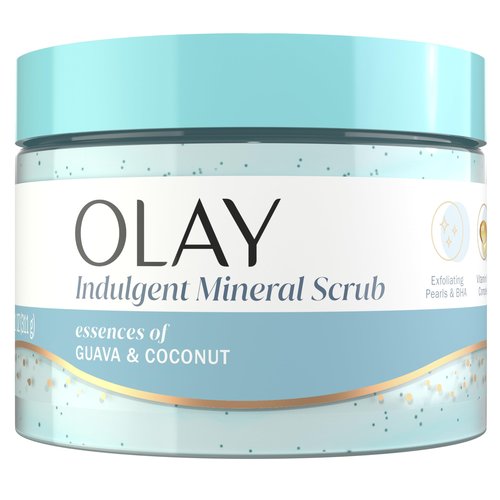 Olay Indulgent Mineral Scrub, Skin Exfoliating & Massaging Pearls, Renewing BHA, Vitamin B3 Complex, Essences of Coconut & Guava Scent, 11 oz