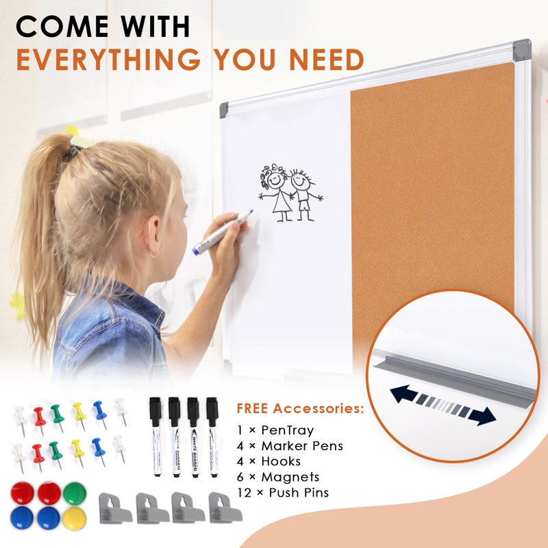 Combination Dry Erase Cork Board 24x18 Inches - Magnetic Whiteboard & Bulletin Board