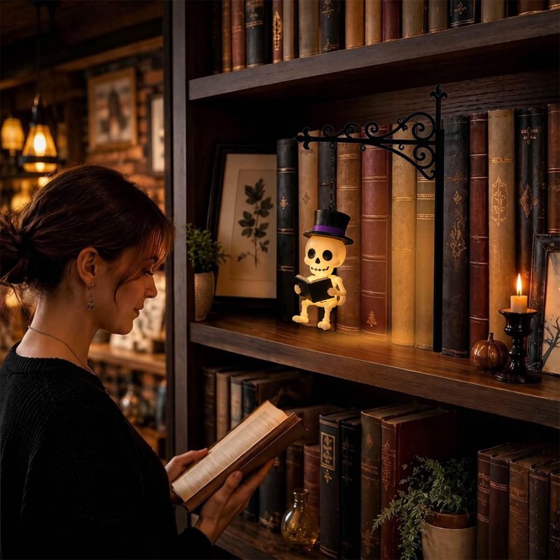 Hat Skull Halloween Bookshelf Lamp - Vintage Ghost Library Light with Bookend Base (Variation #5)