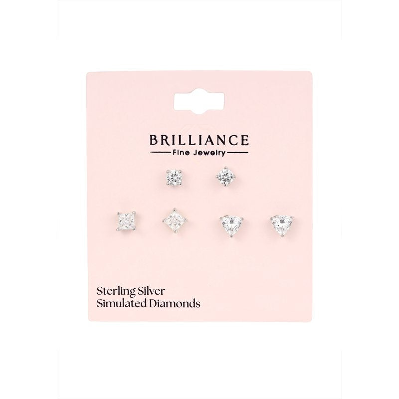 Multi Shape Simulated Diamond Earrings Set in Sterling Silver - 3 Pairs Jewelry Collection