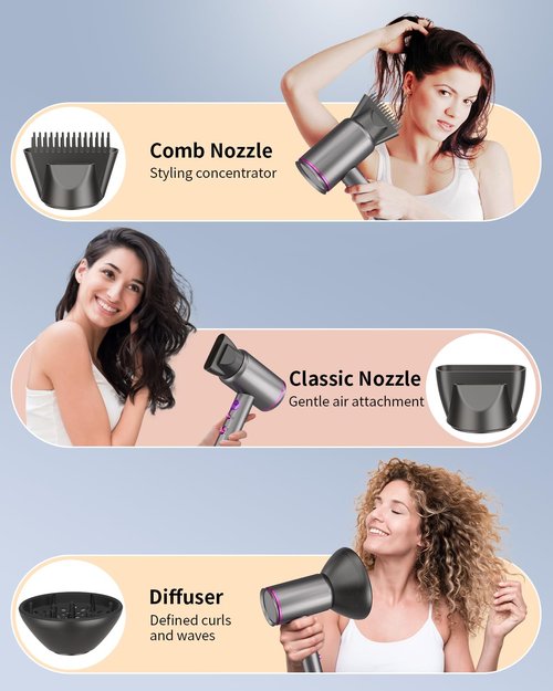 Dxliwky Professional Hair Dryer,1875 Watt High-Speed Ionic Blow Dryer with Diffuser/Concentrator/Comb Nozzle,LED Temp Display,Intelligent Temp Control,Low Noise for Home Salon Travel (Silvery)