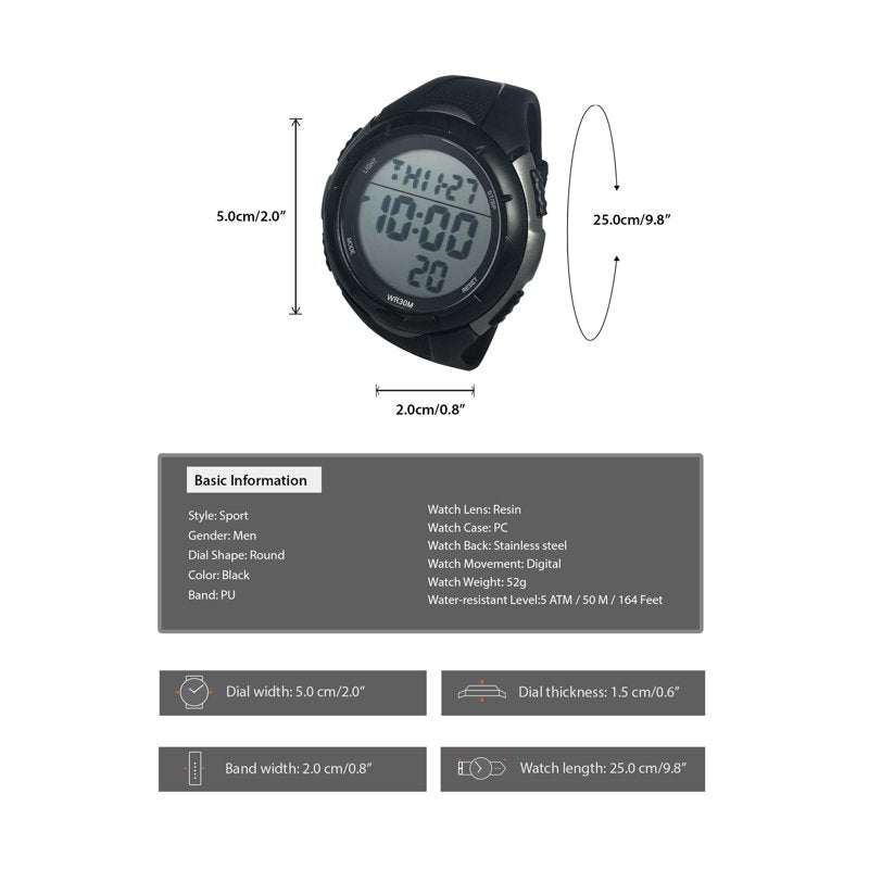 Digital Sport Wristwatch for Men with Water Resistance and Backlight