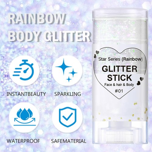 Rainbow Body Glitter,4th of July Outfits for Women Kids Patriotic Accessories,Face Hair Glitter Gel Makeup,USA Flag Holographic Long Lasting Chunky Sequins Glitter Stick,4th of July (Rainbow)