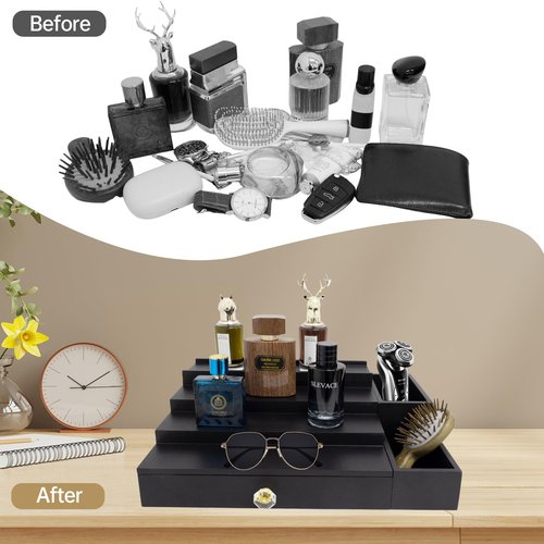 4 Tier Cologne Organizer Cologne Stand with Drawer and Hidden Compartment Cologne Holder for Men, Wood, Perfume Holder 2 in 1 Dresser Bathroom Organizer Men Room Essentials