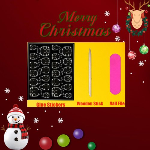 Christmas Press on Nails Long Coffin Fake Nails with Ribbon Designs Red Pink Stripe Glue on Nails Snowflake Gift Stick on Nails Glossy Reusable Xmas False Nails for Women Girls Winter Holiday Manicure