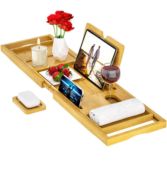 Premium Bathtub Tray Caddy - Bath Tray Bamboo Expandable - Bath Tub Tray Table for Bathtub - Expandable Size, Fits Most Bath Tubs