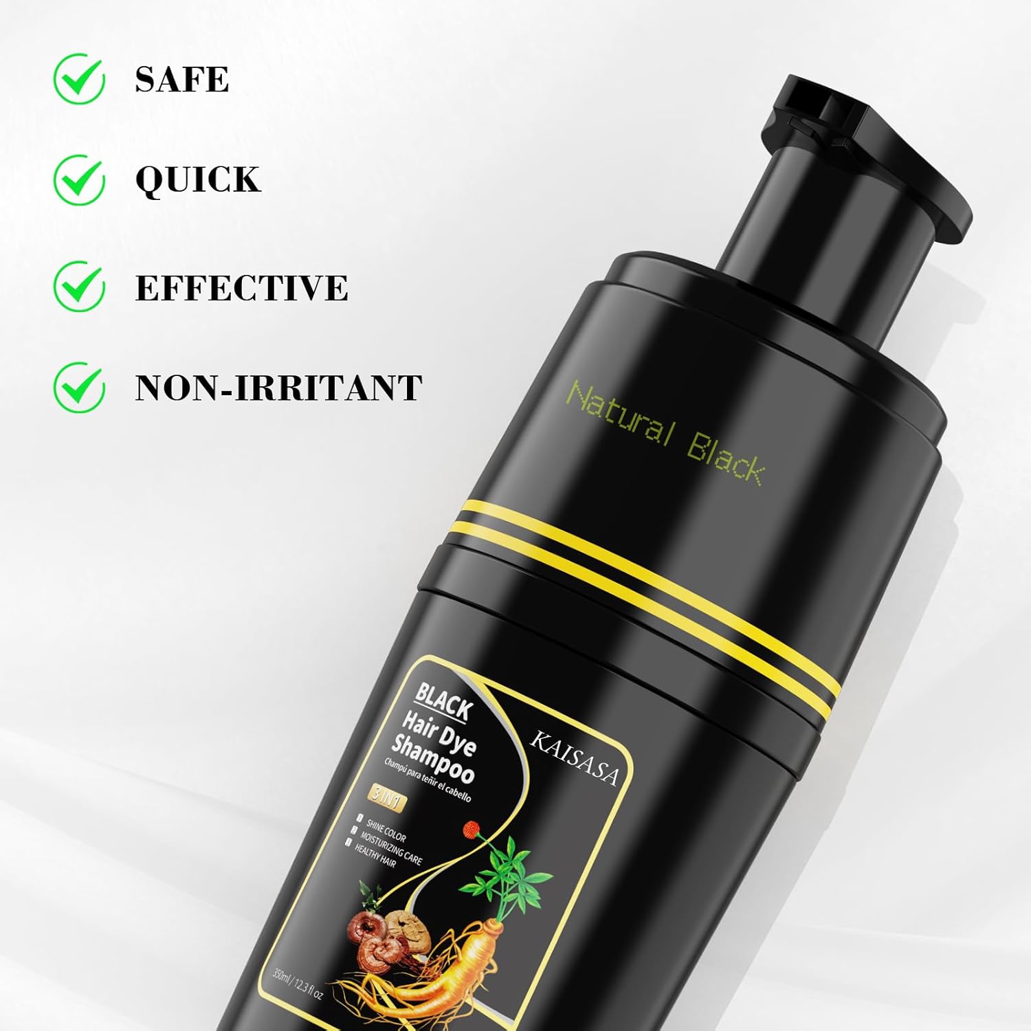 Black Hair Dye Shampoo 3 in 1, Hair Color Shampoo for Cover Grey Hair, Herbal Ingredient for Men and Women (Black)