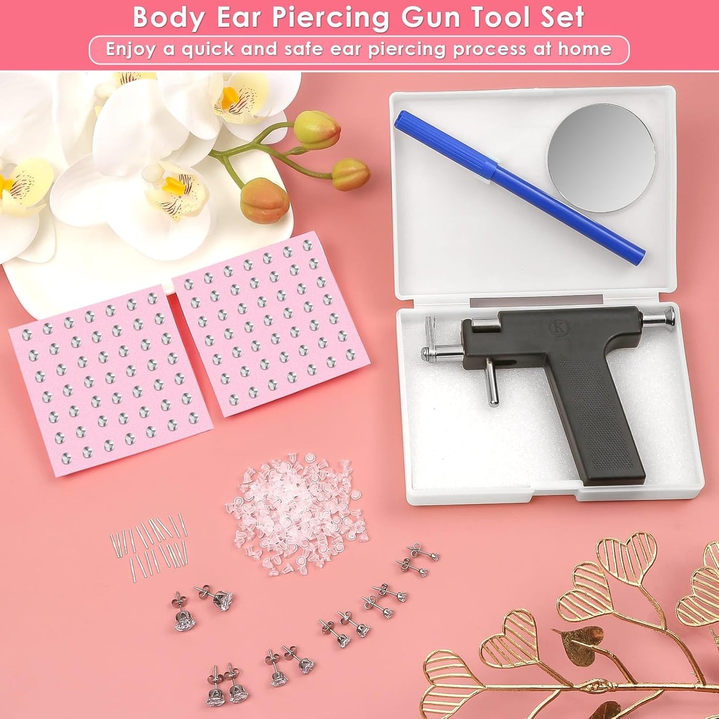 Professional Ear Piercing Gun Kit, Reusable Piercing Gun with Stainless Steel Piercing Earrings Studs, Crystal Earrings for At Home Salon Earlobe Cartilage Helix Tragus Piercing Tool Kit